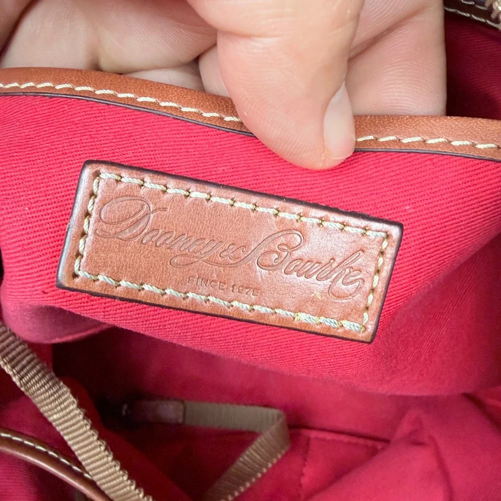Dooney & Bourke Taupe Pebbled Leather Tote Bag Brown Trim Red Lining Medium